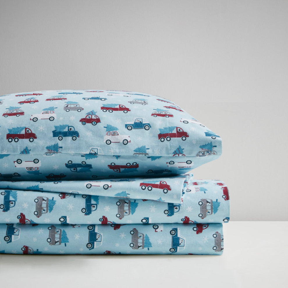True North by Sleep Philosophy Cotton Flannel Winter Sheet Set, Christmas Truck