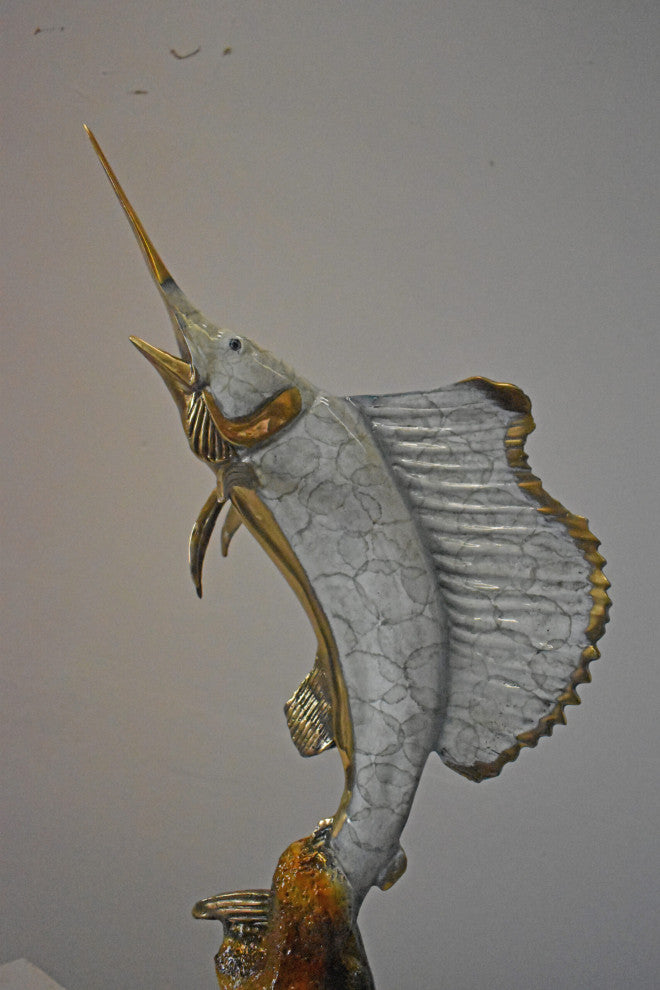 Sailfish with Turtle Bronze Statue - Size: 12"L x 18"W x 31"H.
