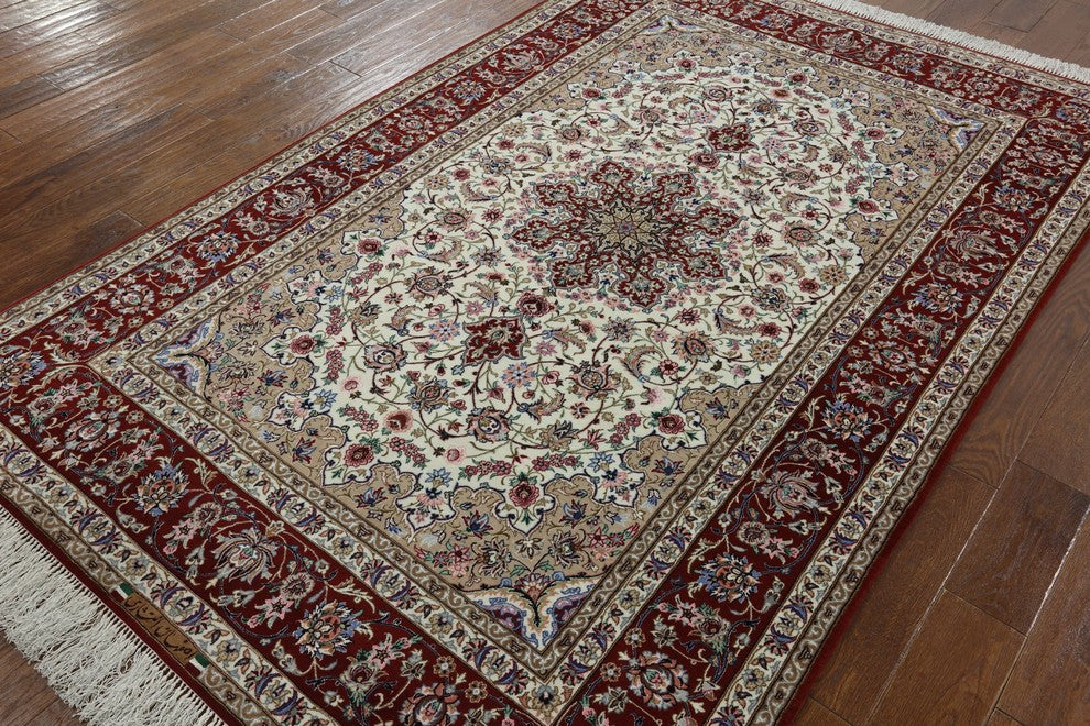 Signed Authentic Persian Isfahan Hand Knotted Wool and Silk Rug, 5'x8'