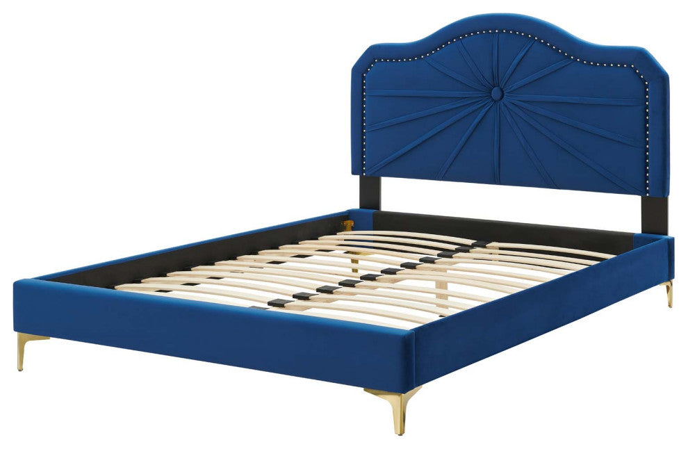 Platform Bed Frame, Queen Size, Velvet, Blue Navy, Modern Contemporary, Bedroom