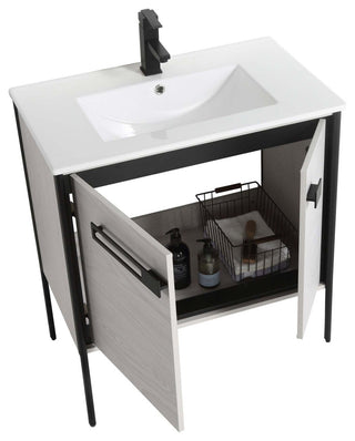 Oakville Bath Vanity, Ceramic Sink, Mild Grey Oak, 30 Inch, Black Hardware