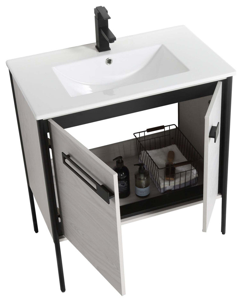 Oakville Bath Vanity, Ceramic Sink, Mild Grey Oak, 30 Inch, Black Hardware