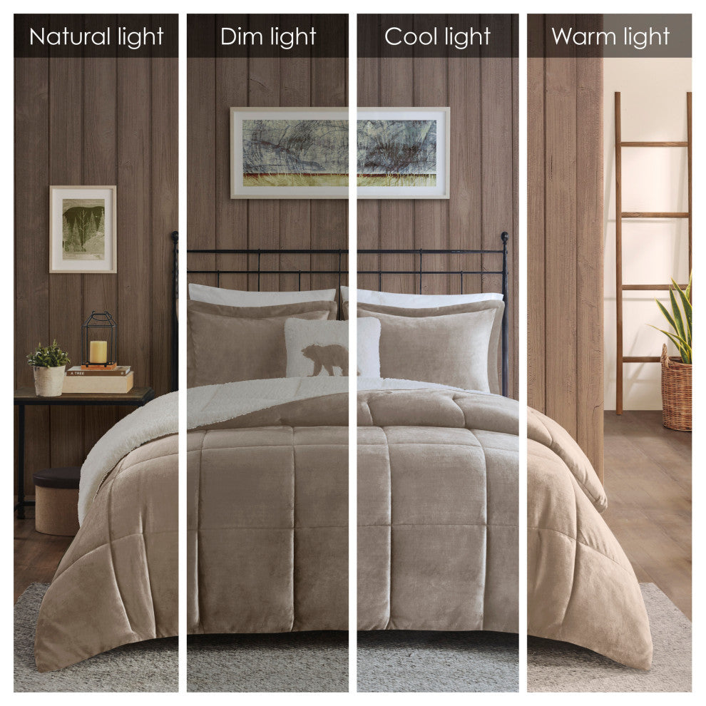 Woolrich Alton Plush to Sherpa Winter Comforter Set, Taupe, King