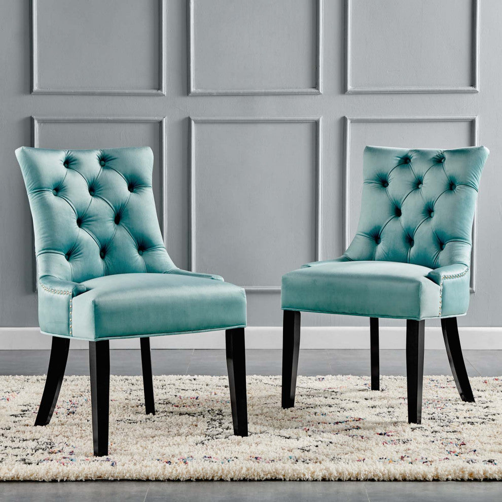 Tufted Side Dining Chair, Set of 2, Velvet, Wood, Blue, Cafe Bistro Restaurant