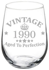 Wine Glass Goblet 27th Birthday Vintage Aged to Perfection 1990, 17 Oz Stemless
