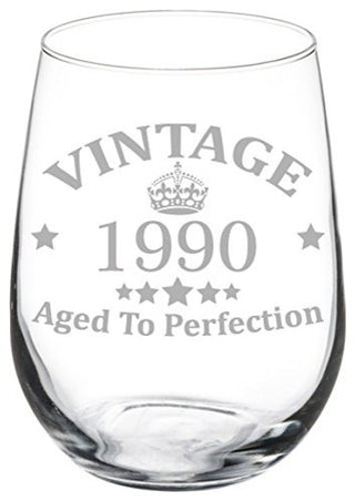 Wine Glass Goblet 27th Birthday Vintage Aged to Perfection 1990, 17 Oz Stemless