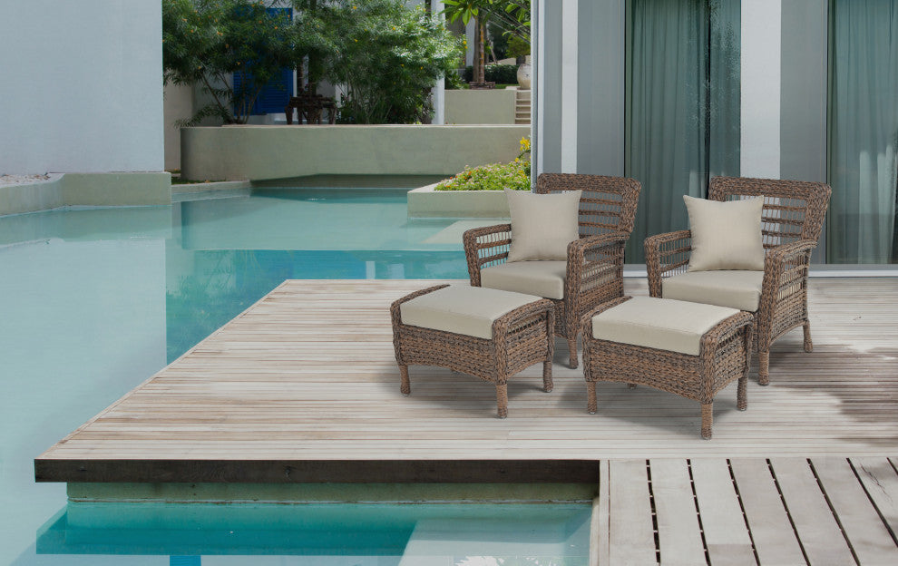 Modern Concept Faux Sea Grass Resin Rattan Relax Set, 2 Chairs And 2 Ottomans