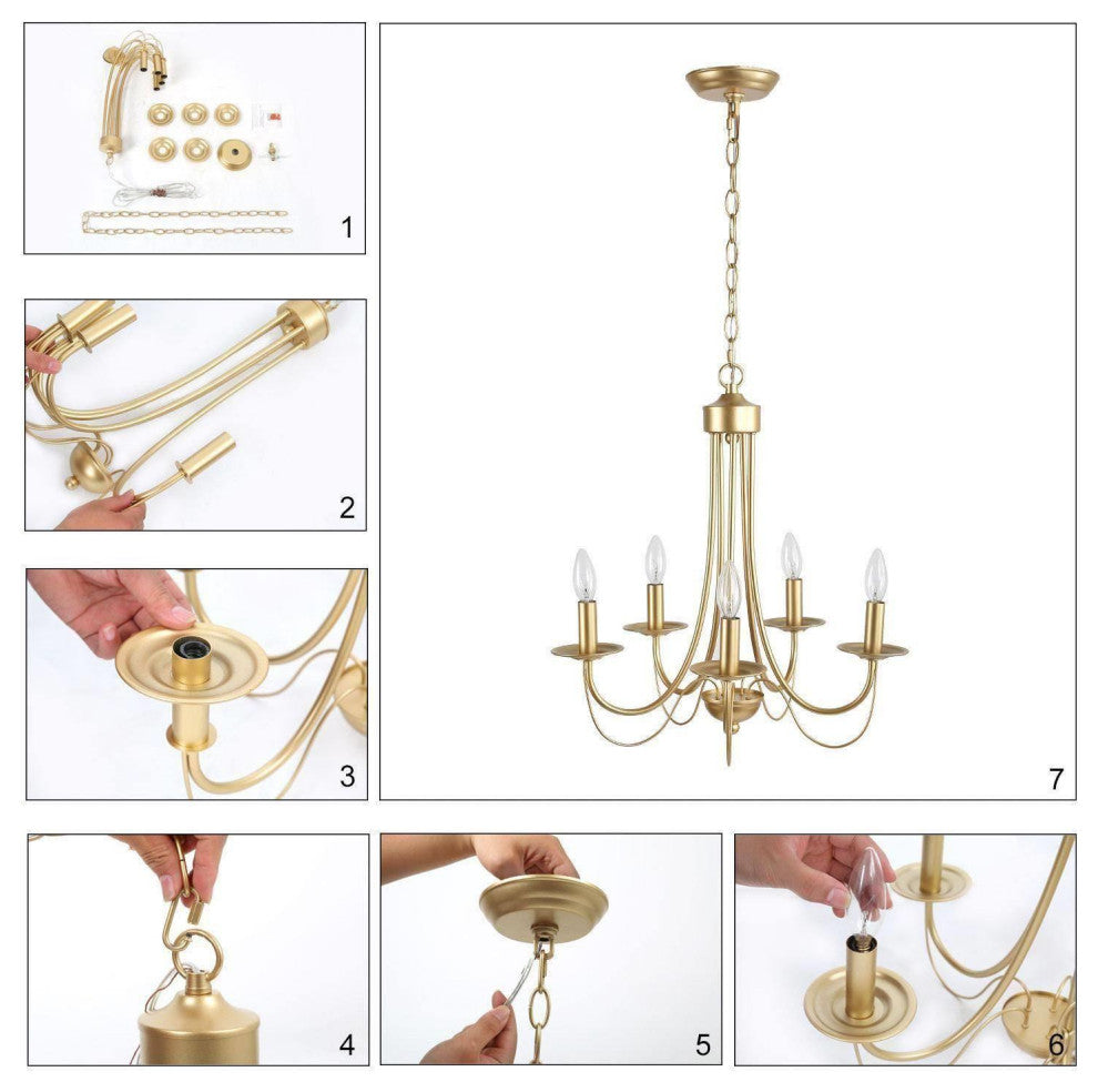 LNC 5-Light Modern Matte Metal Candle-Style Chandelier, Gold