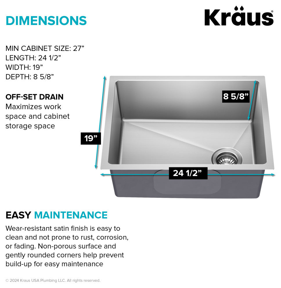 KRAUS Fairlane 25" Undermount 1-Bowl 18 Gauge Stainless Steel Kitchen Sink