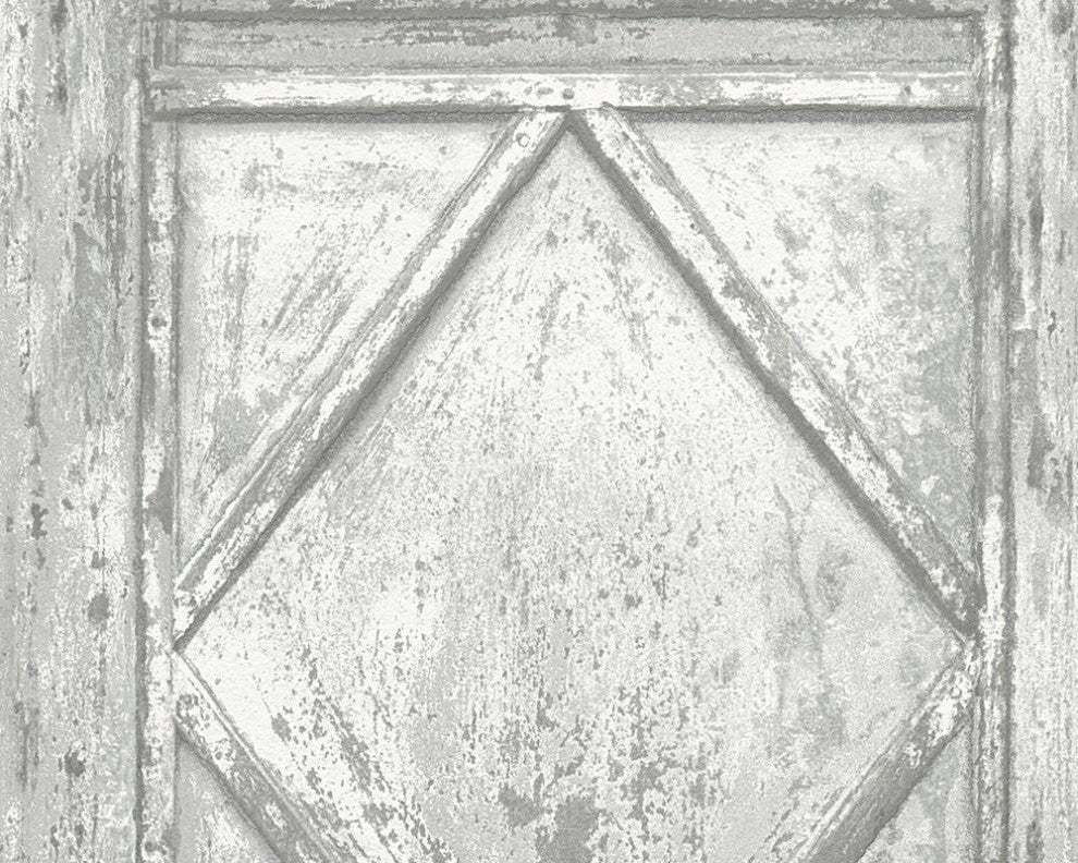 Loft Vintage Textured Wallpaper Featuring Boxes Wood, Gray White, Sample