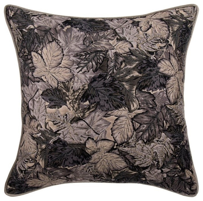 Quilted with Zardosi Embroidery Grey Satin 14"x14" Pillow Cover, Maple Glory