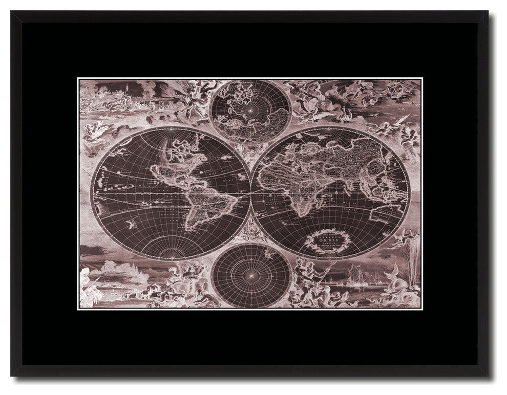World Hemispheres Vivid Sepia Map Print On Canvas With Black Frame, 16" X 21"