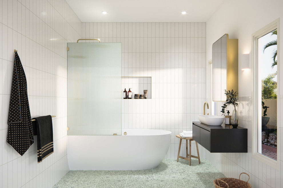 30"x58.25" Single Fixed Fluted Bath Panel Shower Tub Door, Satin Brass