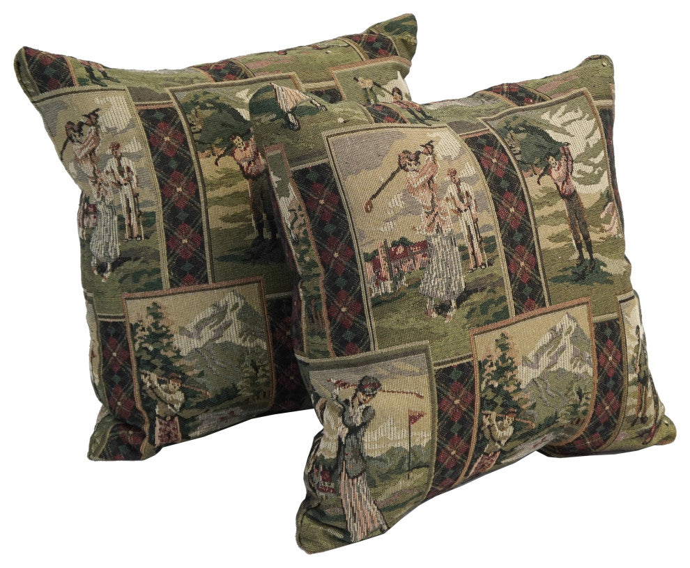 17" Jacquard Throw Pillows With Inserts, Set of 2, Golfing Day Out
