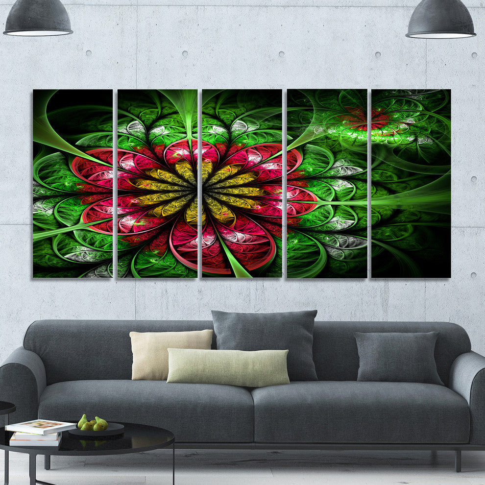 Dark Yellow and Green Flower, Abstract Wall Art Canvas, 60"x28", 5 Panels