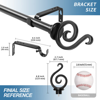 Classic Forged Iron French Scroll Curtain Rod, Black, 48"-84"