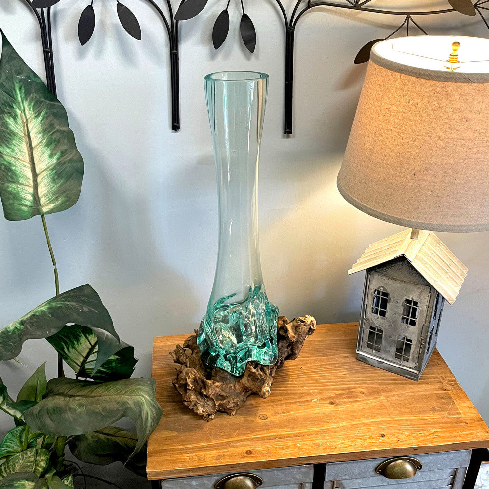 Glass On Teak Driftwood Molten Sculptural Bud Vase