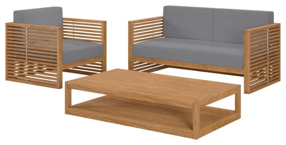 Lounge Chair ArmchairTable Set, Gray Natural, Teak Wood, Outdoor Garden