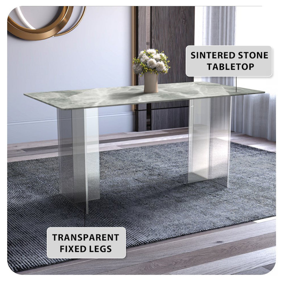 Kova Series Dining Table, Clear Base with 62 Light Grey Sintered Stone Top