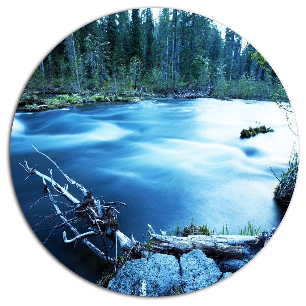 Beautiful Blue River In Forest, Landscape Large Disc Metal Artwork, 11"