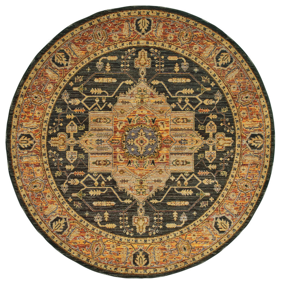 Adeline Bordered Center Medallion Gold and  Charcoal Area Rug, 7'10" RND