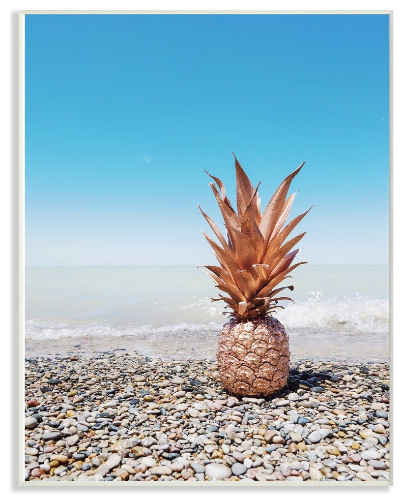Rose Gold Metallic Pineapple On Beach With Blue Sky Wall Plaque Art, 10"x15"