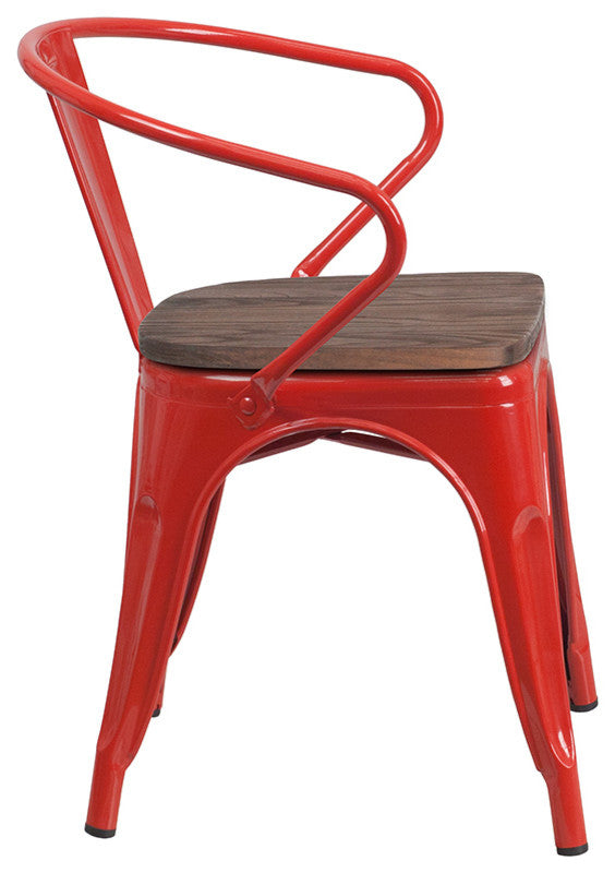 Red Metal Chair with Wood Seat and Arms