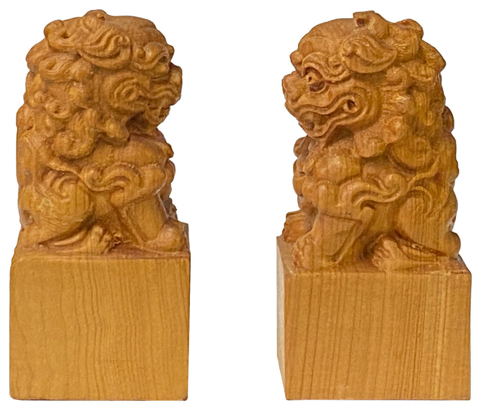 Chinese Pair Wood Carved Mini Foo Dogs Lions FengShui Figures Hws2382