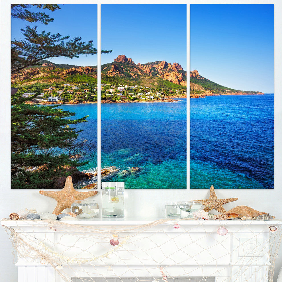 "Esterel Rocks Beach Coast in Blue" Metal Wall Art, 3 Panels, 36"x28"