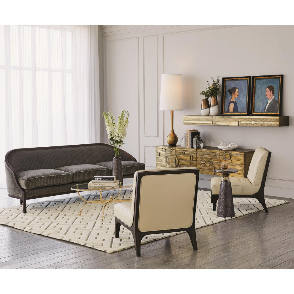 Elegant Pinstripe Gray 3 Seat Sofa Exposed Wood Velvet Curved Back Contemporary