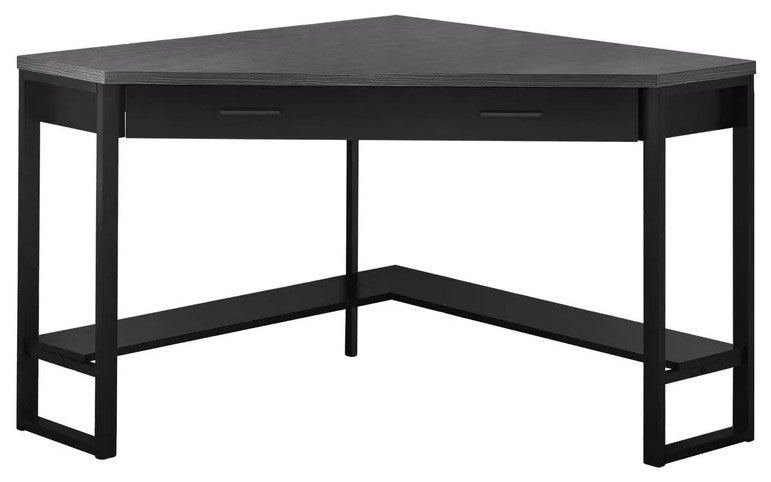 Contemporary Corner Desk, Large Drawer & Lower Open Shelf, Black/Gray