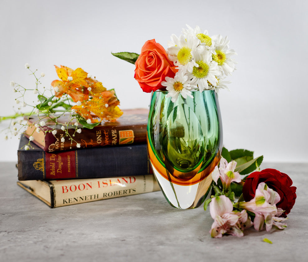 Badash J517 Rimini Murano Style Art Glass Amber/Green 8" Vase