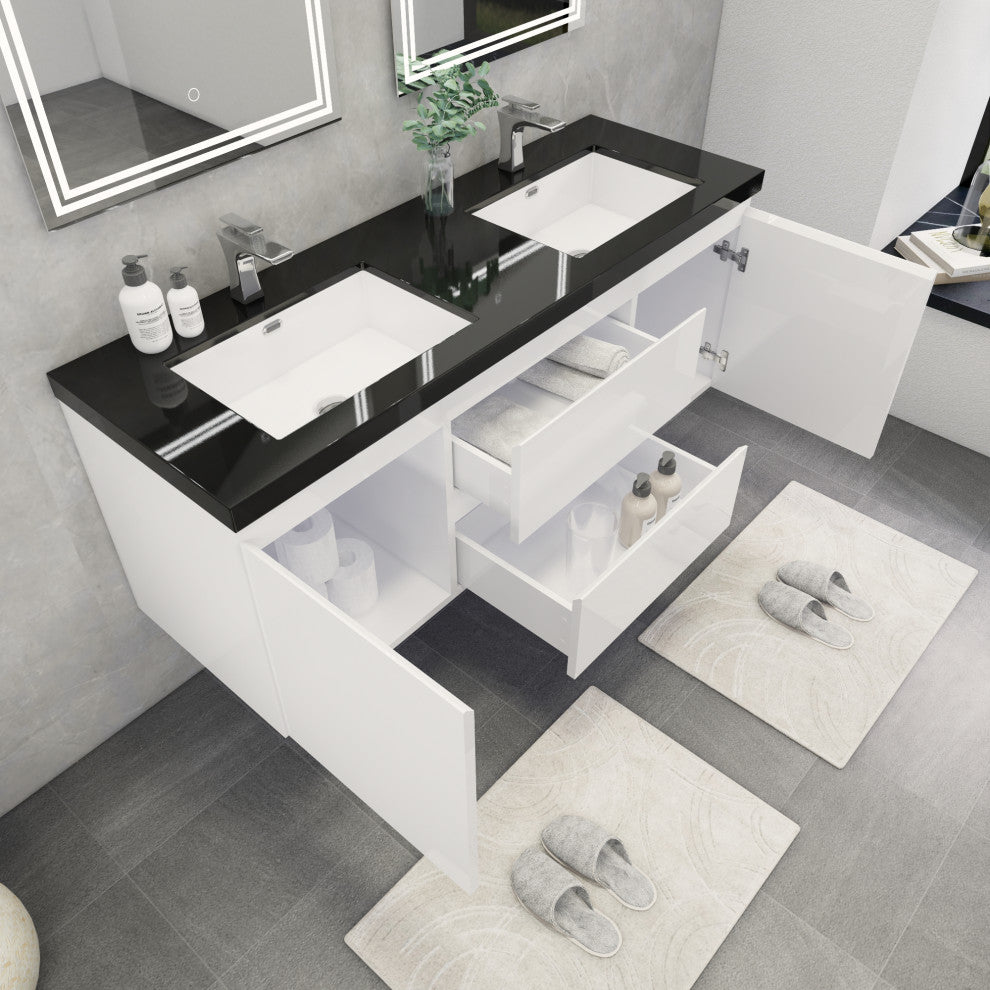 Belli 60" Double Sink Wall Mount Vanity Set, High Gloss White, Matt Black Top