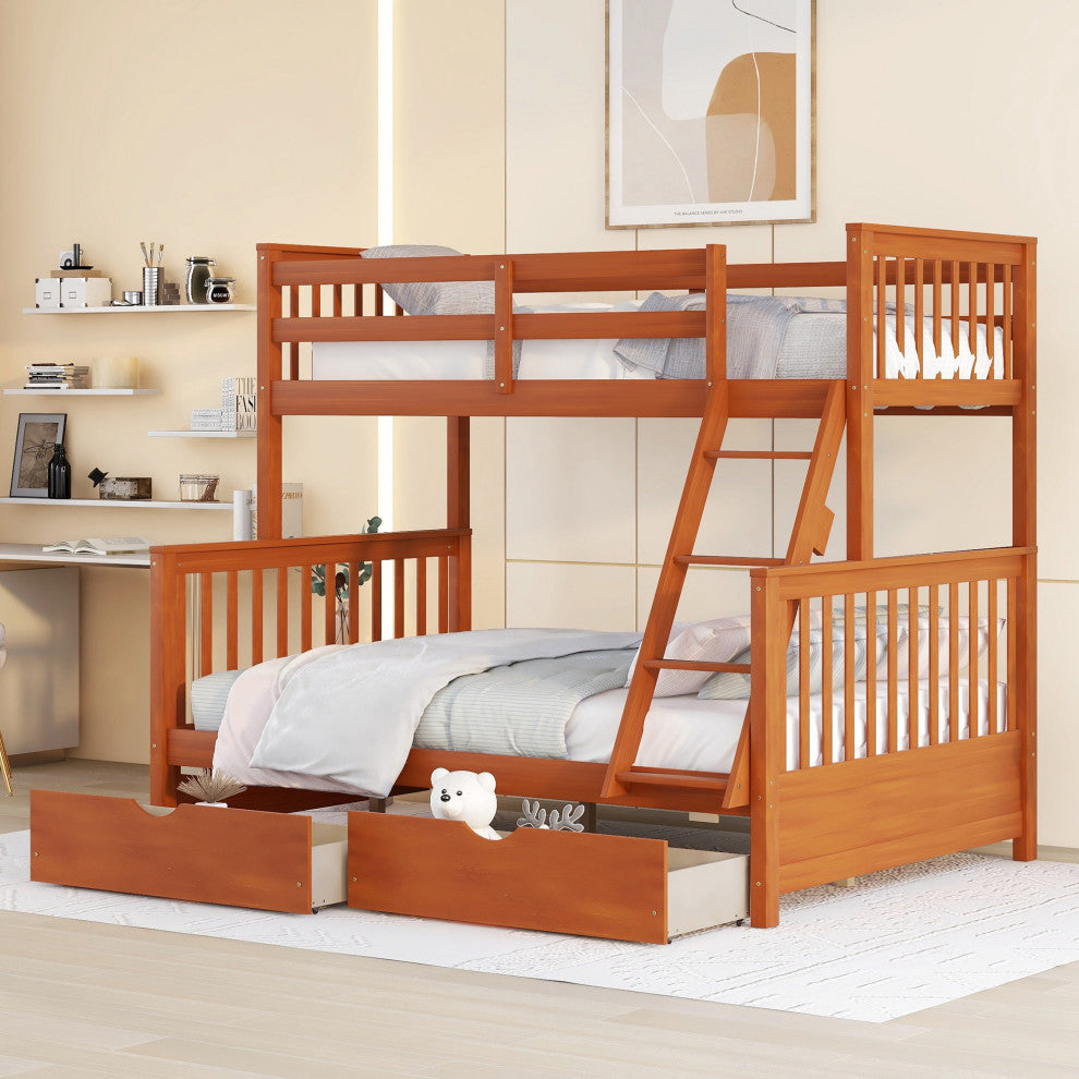 TATEUS Twin Over Full Bunk Bed With Storage Drawers Wood Bunked Bed, Walnut