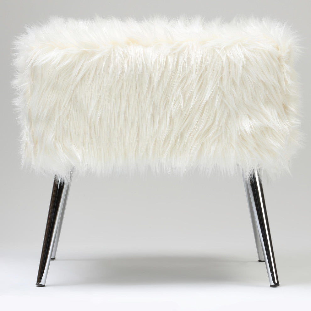 Cortesi Home Olivia White Faux Fur Ottoman, 20"