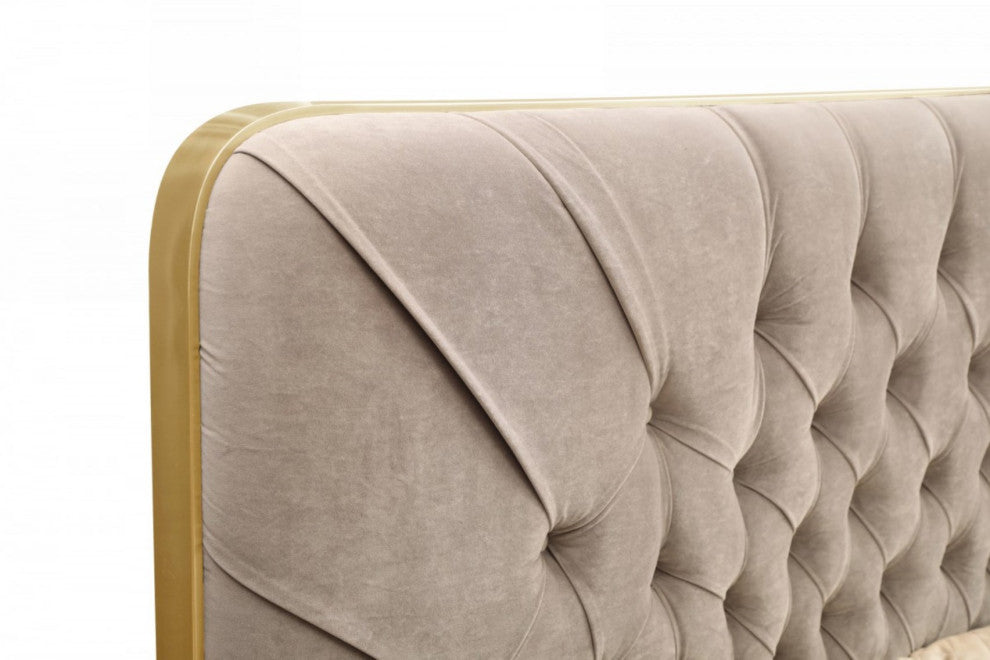 Modrest Moontide Glam Beige Velvet and Brushed Brass Bed, Eastern King