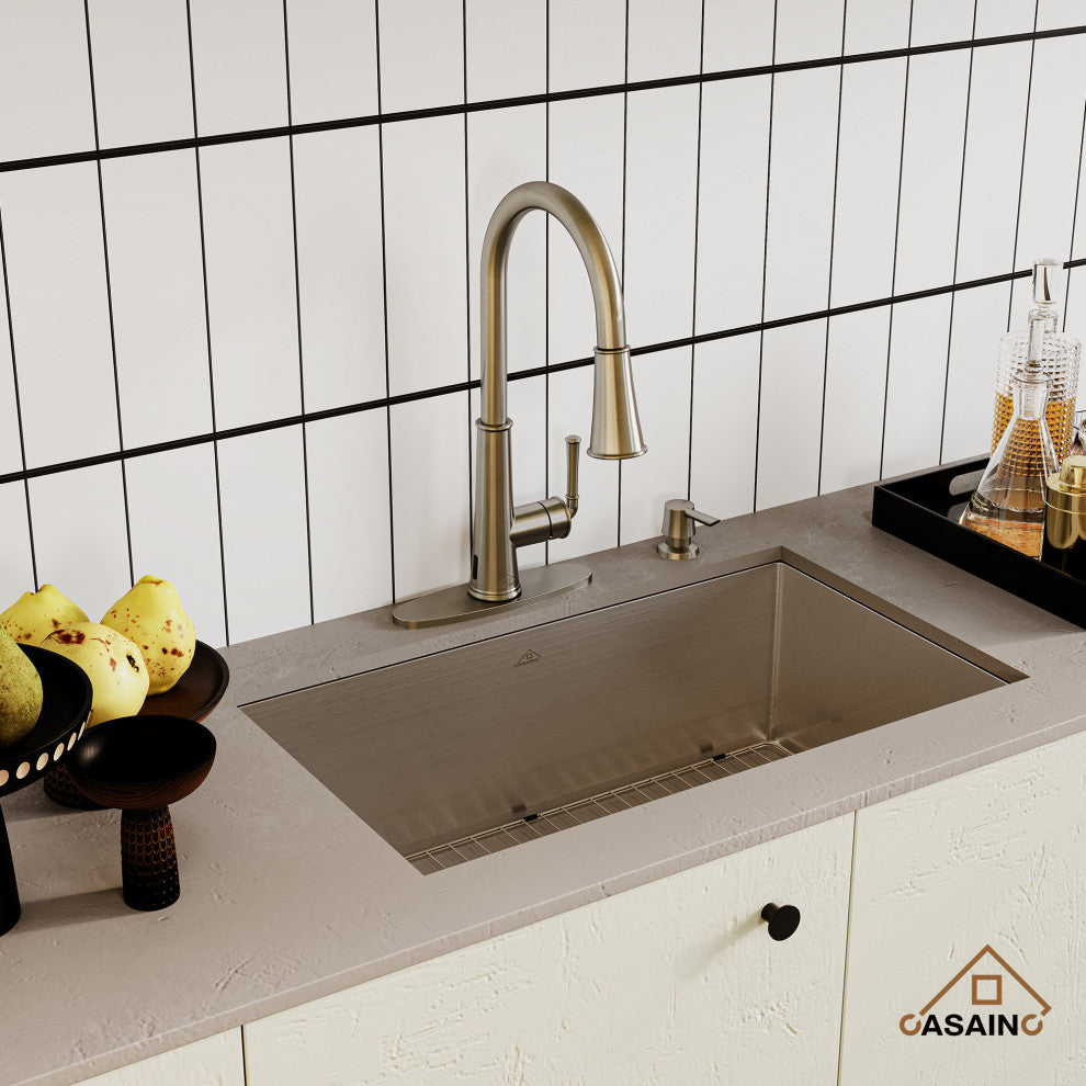 32in Stainless Steel Single Bowl Undermount Workstation Kitchen Sink and Faucet, Brushed Nickel