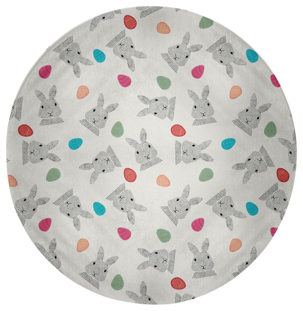 Bunnies and Eggs Easter Chenille Rug, Whisper White, 5' Round