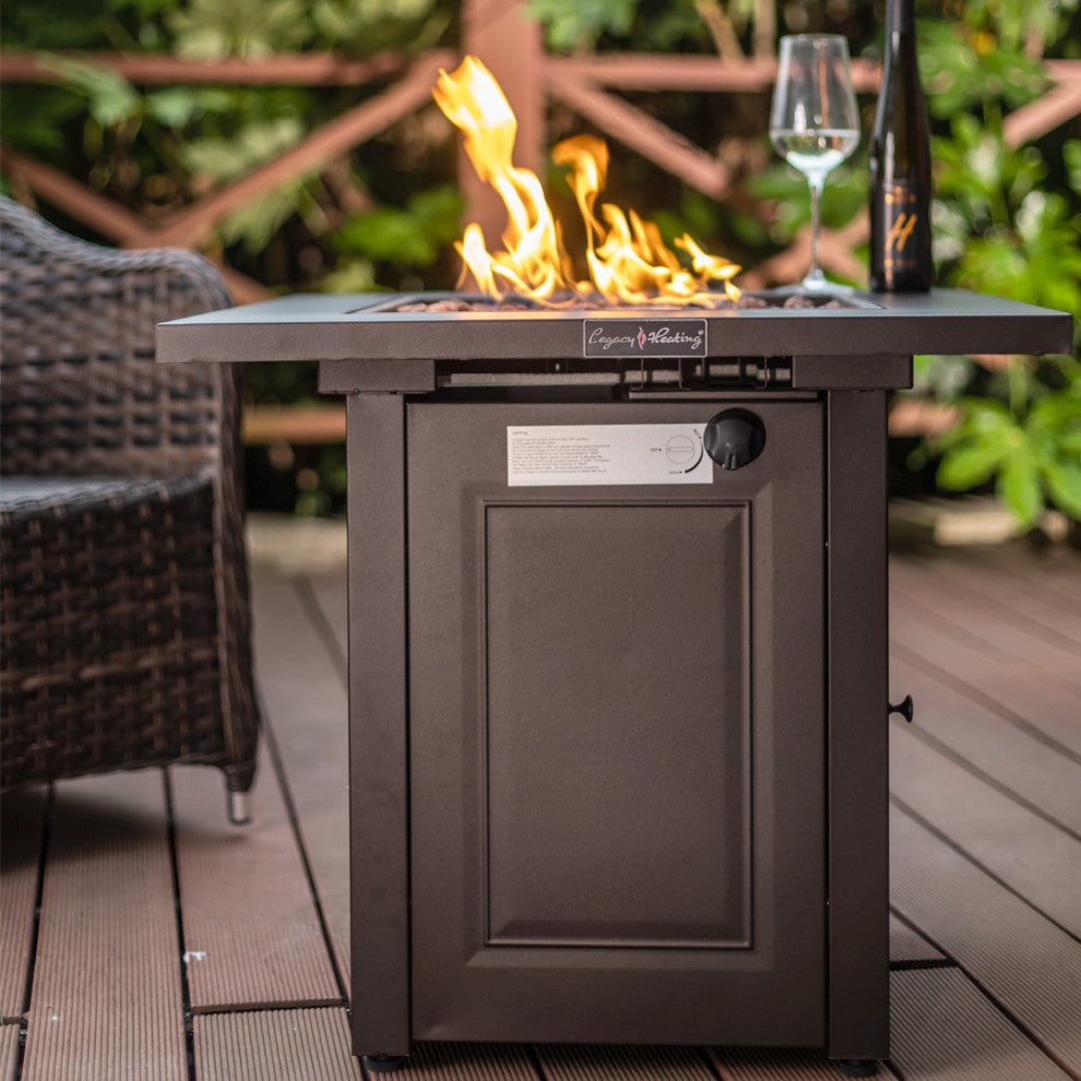 Outdoor Propane Fire Pit Dining Table With Lid, Lava Stone, 28" Square, 50000BTU