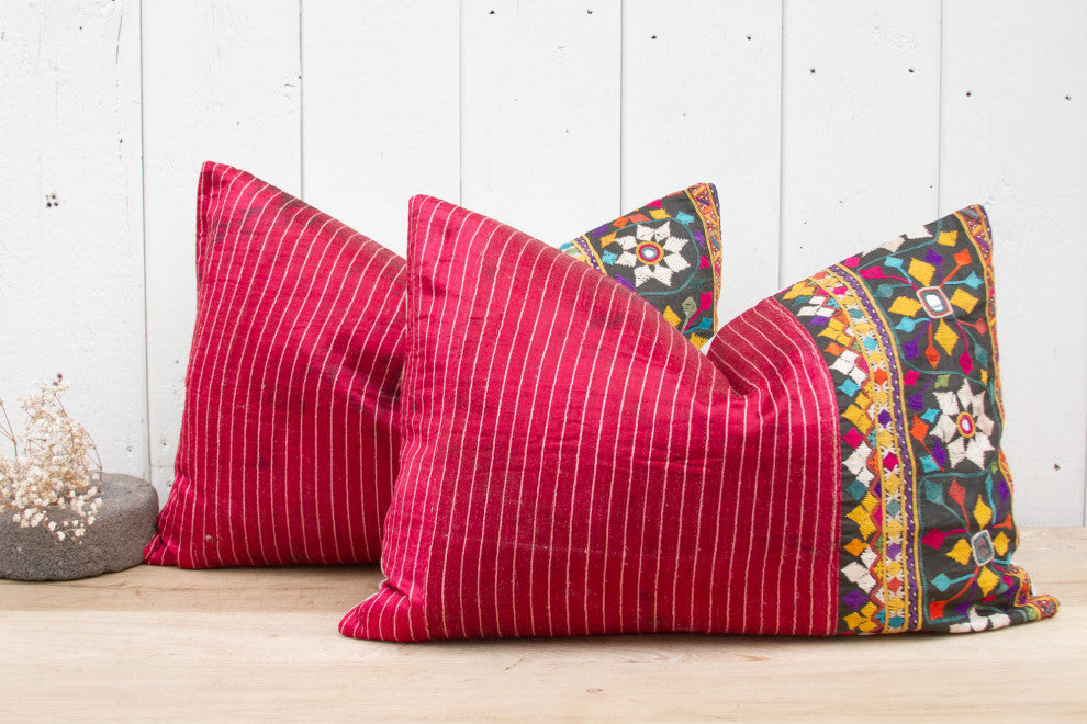 Set of Two Antique Mashru Tribal Lumbar Pillows