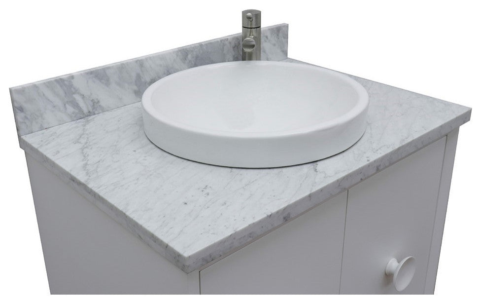 31" Single Wall Mount Vanity, White Finish With White Carrara Top