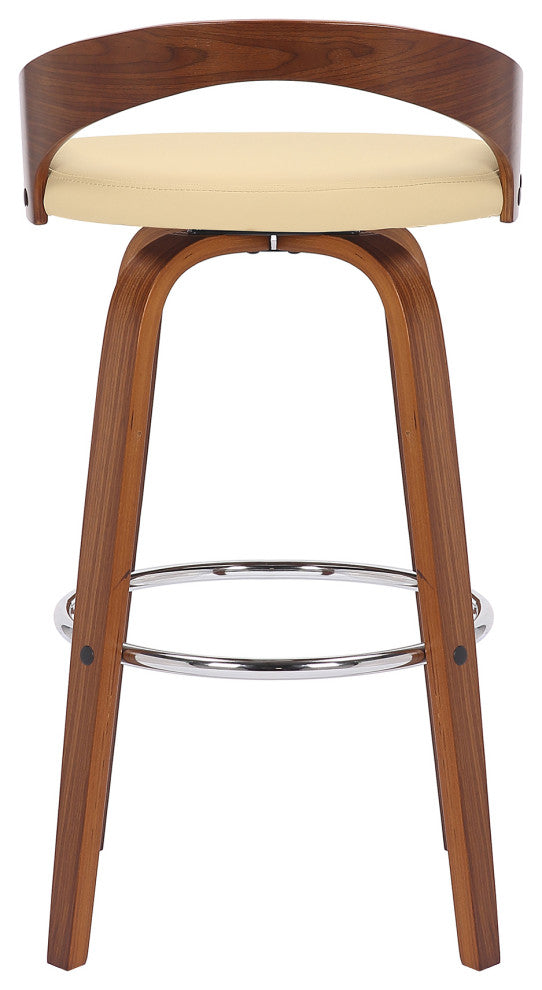 Sonia Swivel Faux Leather and Wood Stool, Cream/Walnut, Bar Height 30"