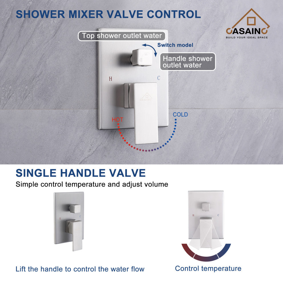 CASAINC 12" Ceiling Mounted Modern Waterfall Shower System Set, Brushed Nickel