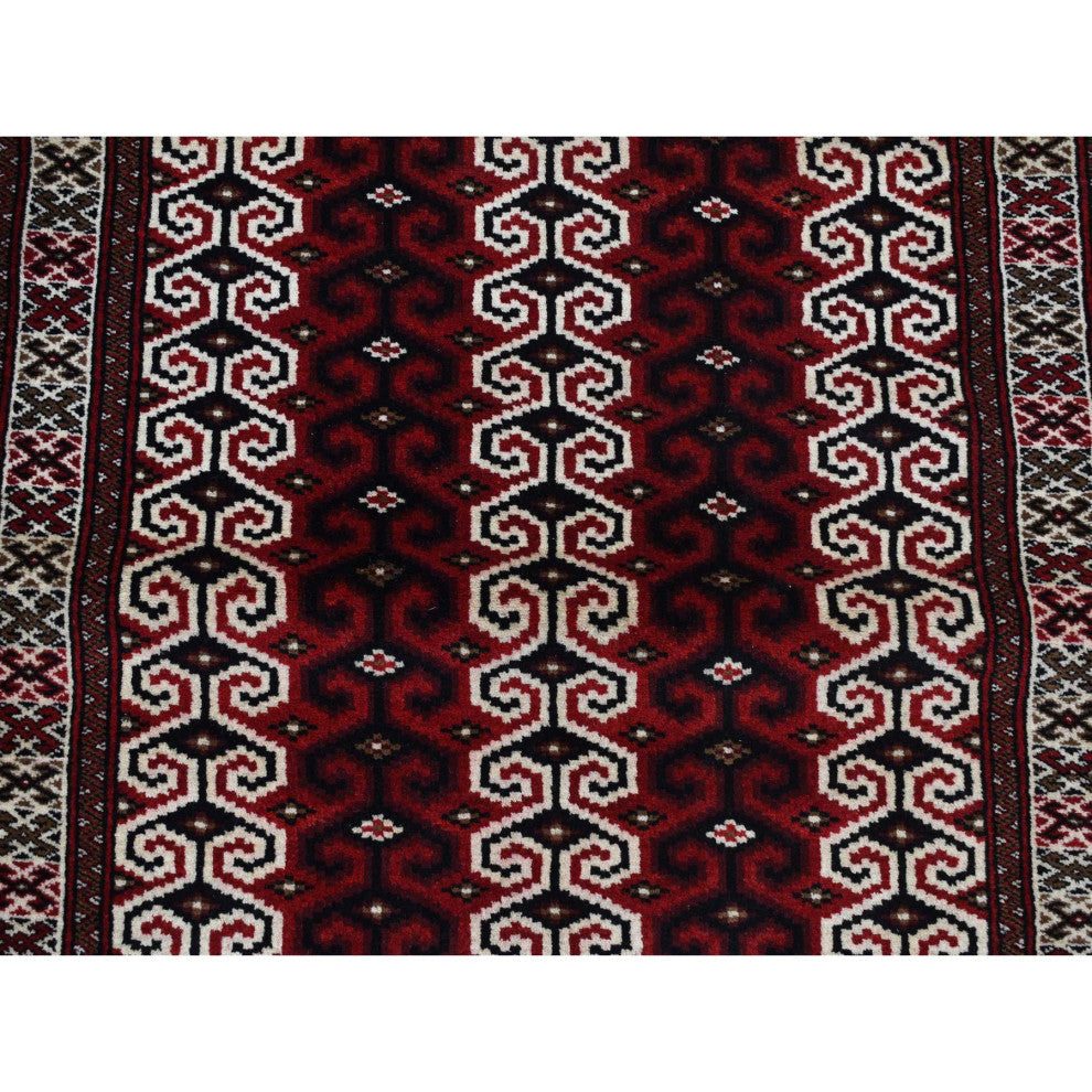 Maroon Red Turkoman Repetitive Design Pure Wool Hand Knotted Rug 3'2" x 4'1"