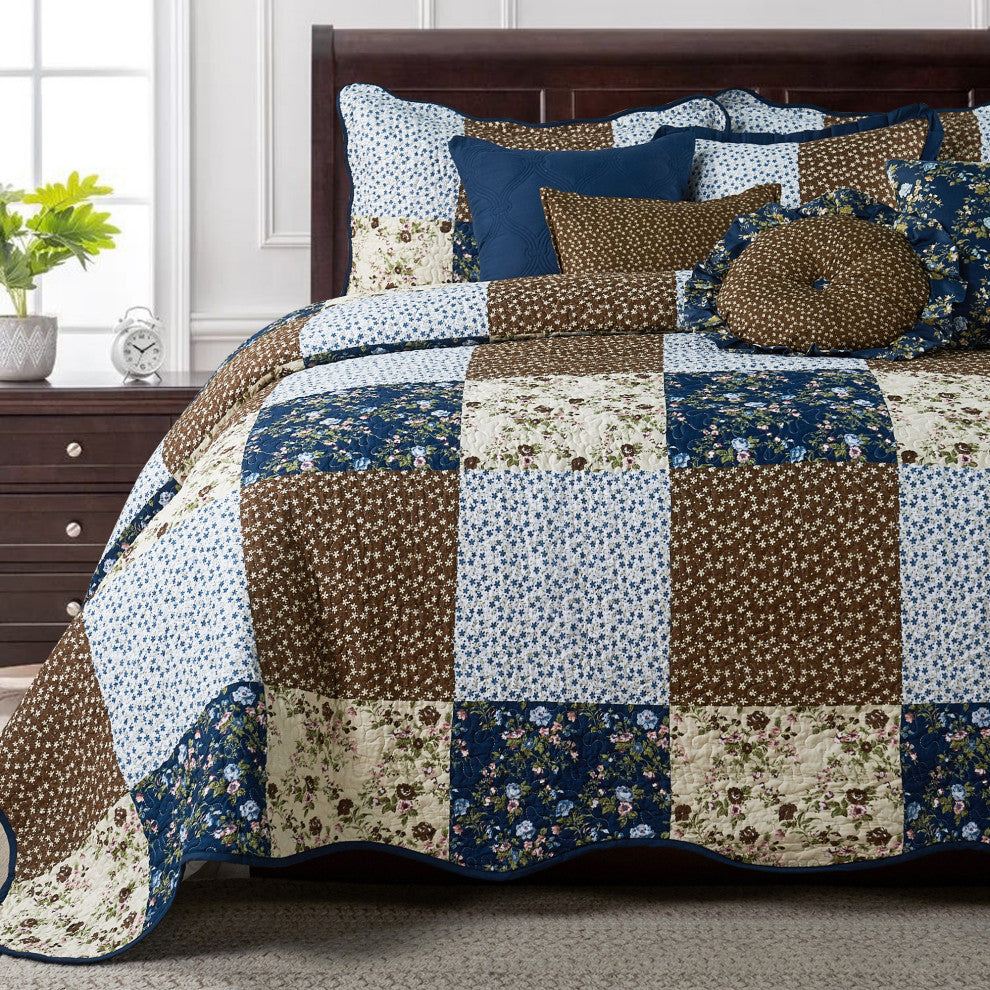 Patchwork Quilted 8-Piece Bed Spread Coverlet Set, Dark Blue, King