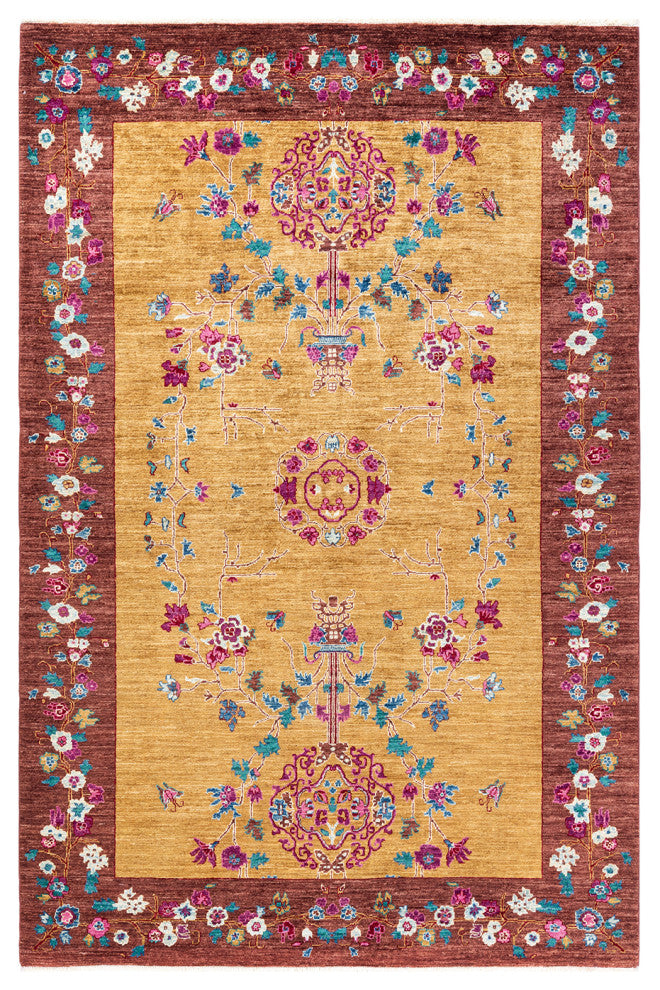 Eclectic, One-of-a-Kind Hand-Knotted Area Rug Yellow, 6' 0" x 8' 10"