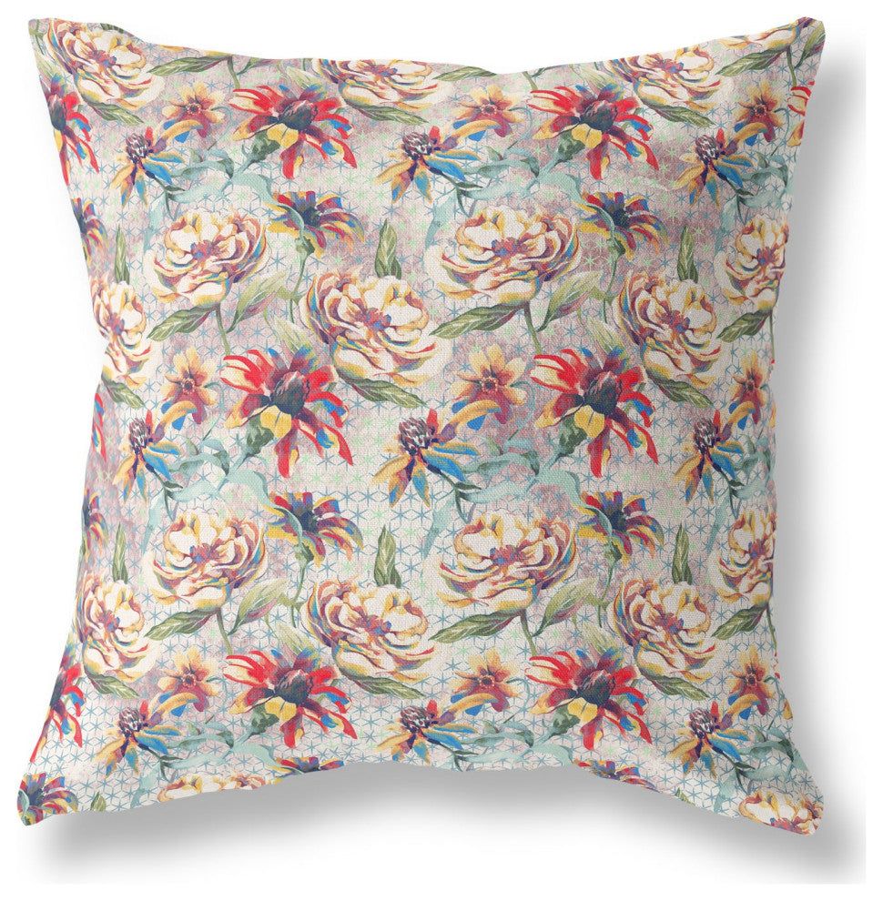 18" Red Yellow Roses Indoor Outdoor Throw Pillow