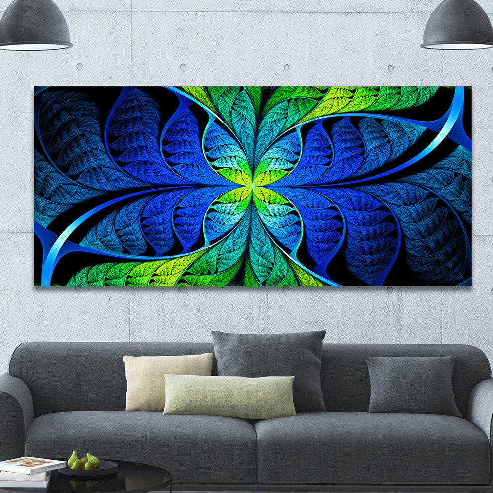 Blue Green Fractal Stained Glass, Oversized Abstract Canvas Art Print, 60x28