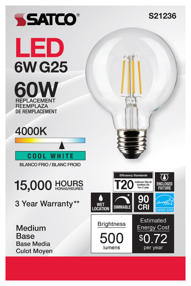6W G25 LED, Clear, Medium Base, 90 CRI, 4000K, 120V
