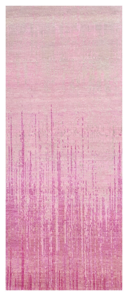 Pink Hand Knotted Vertical Ombre Design Natural Wool Runner Rug, 2'6"x6'5"